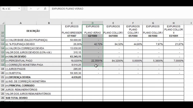 Como elaborar cálculo dos expurgos inflacionários da poupança (passo a passo)
